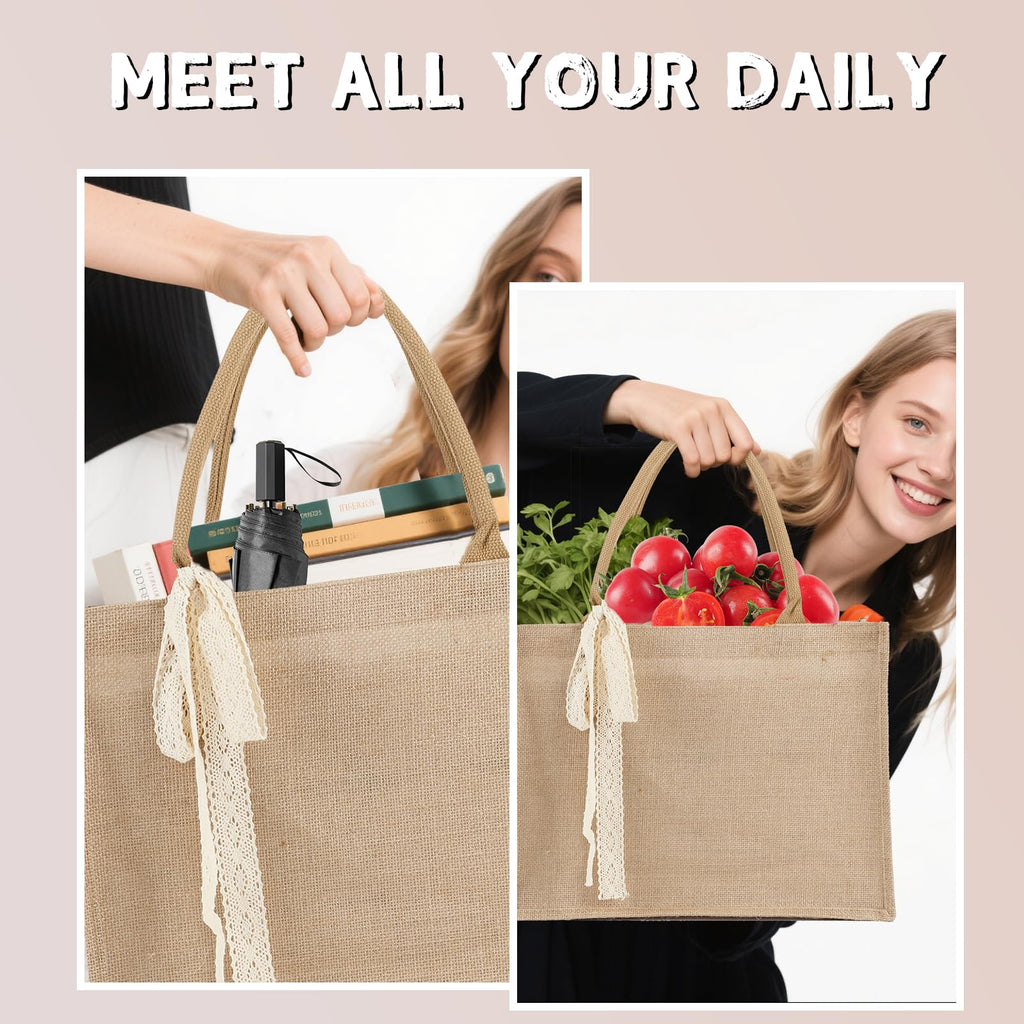 Karinoos 6pcs Burlap Tote Bag Set with Handles, Waterproof Reusable Blank Grocery Bags with Ribbon Large Jute Tote 15.35 * 6 * 12 Inch for Women Bridesmaid Gift Beach Pool Shopping Wedding Travel DIY