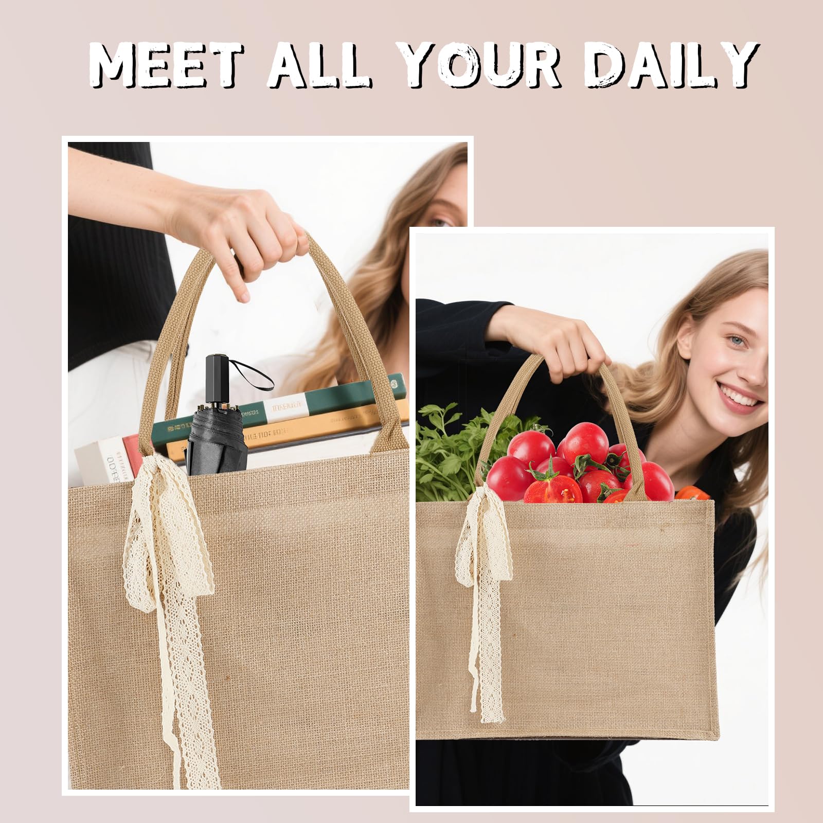 Karinoos 6pcs Burlap Tote Bag Set with Handles, Waterproof Reusable Blank Grocery Bags with Ribbon Large Jute Tote 15.35 * 6 * 12 Inch for Women Bridesmaid Gift Beach Pool Shopping Wedding Travel DIY