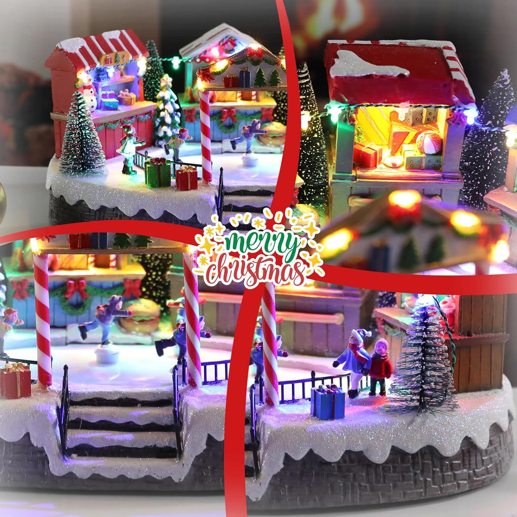 Bdor Christmas Market Village Scene - LED Lights & Musical Animation | 8.3 x 5.9 x 5.9 Inches Holiday Décor
