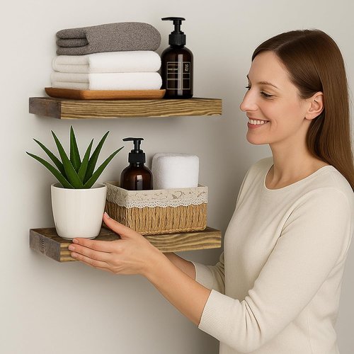 BGMG Rustic Wood Floating Shelves - Set of 2, 12-Inch Wall Mount Shelves for Bathroom, Living Room, Kitchen | Walnut Finish