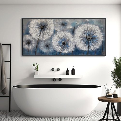 Blue Dandelion Canvas Wall Art - Large Framed Modern Floral Print for Living Room Decor