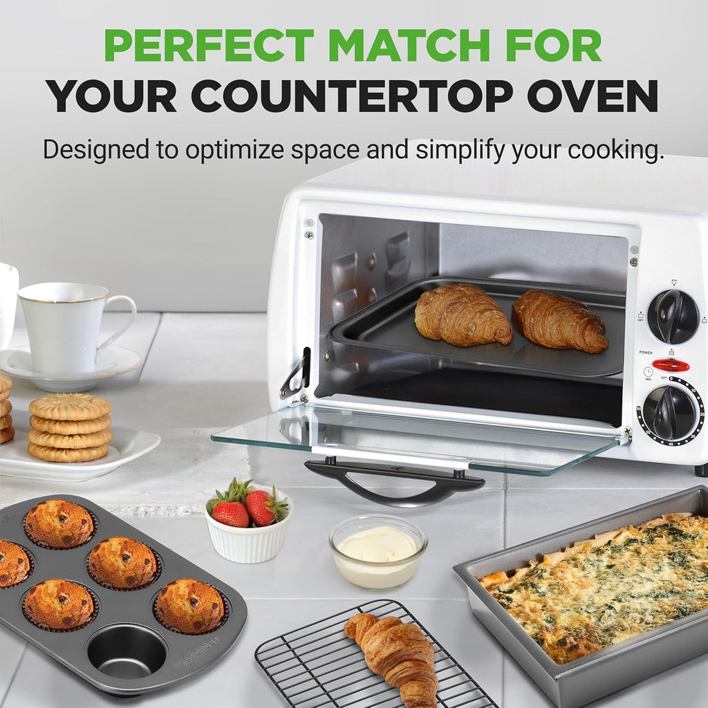 NutriChef 6-Piece Toaster Oven Bakeware Set - Non-Stick, Stackable Carbon Steel Pans & Muffin Trays