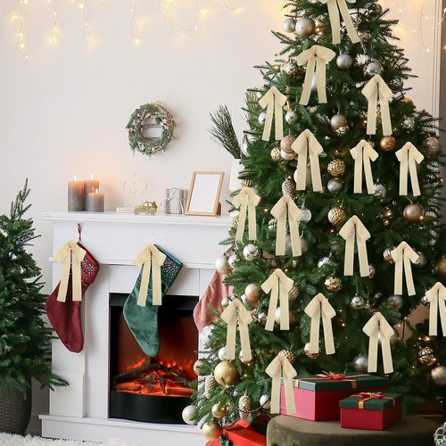 Beige Velvet Bows by [Brand Name] - 24 Pcs Christmas Tree Ornaments | Perfect for Home Decor & Weddings (5 x 7 Inch, 1 Inch Width)