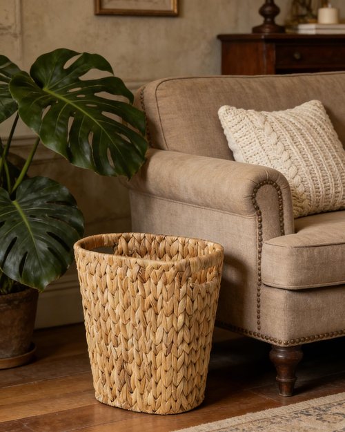 2 Pack Handwoven Water Hyacinth Trash Can - Natural Wicker Waste Basket with Wooden Handles, Slim Oval Design for Bathroom, Bedroom, Office (13"x7.5"x12") | Eco-Friendly & Space-Saving Storage Bin (2)