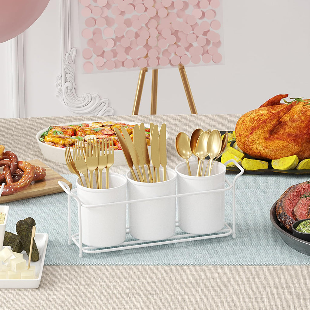 Lifewit Plastic Silverware Caddy with Metal Rack, Utensil Holder for Party, Cutlery Flatware Organizer for Kitchen Countertop, Forks Spoons Knives Storage for Picnic Camping Outdoor Buffet, White