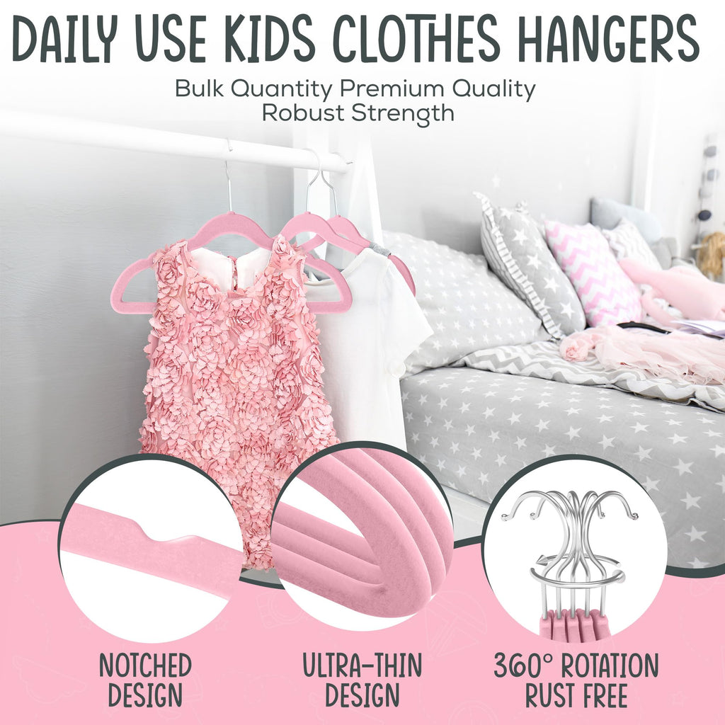 TechZoo 25 Premium Kids Velvet Hangers - 14" Non-Slip Clothes Hangers for Kids & Preteens - Ultra Slim, Space-Saving, Strong & Durable Hangers with 360° Swivel Hook - Pink