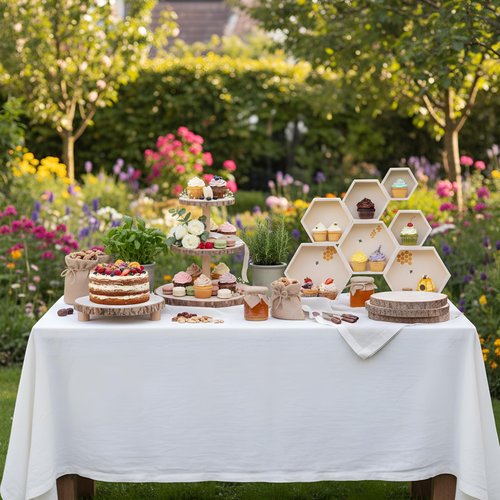 CroBlissful 12 Pcs Wooden Rustic Cake Stand Set, 7 Pcs Honeycomb Cupcake Stand, 3-Tier and Single-Tier Wooden Cupcake Tower, 4 Wood Slices Tray, Suitable for Wedding Tea Party Forest Theme Tables