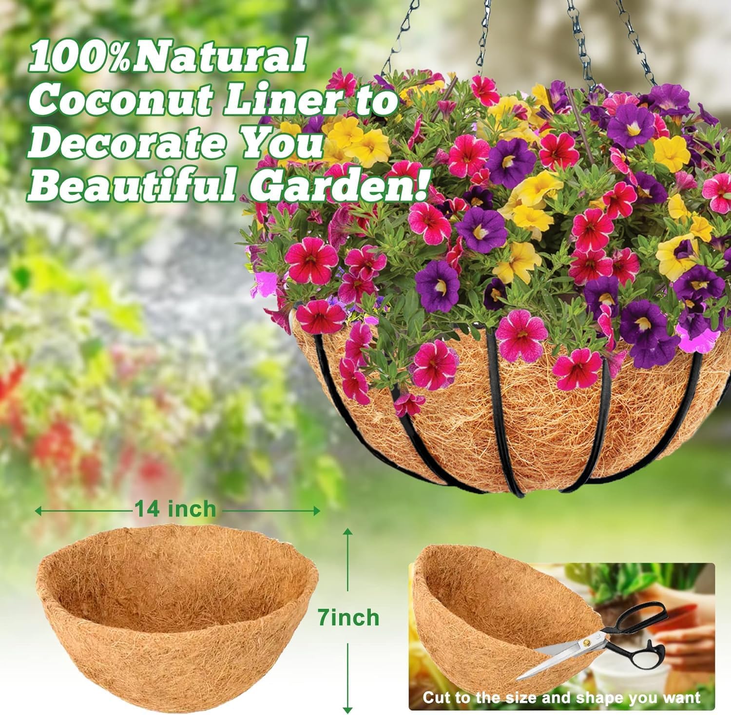Y&M 14" Round Coconut Fiber Liner - Pre-Formed Replacement for Hanging Baskets | 2 Pack