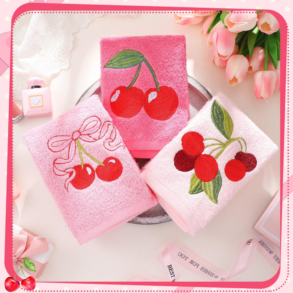 Tingjoo 3 Pcs Cherry Hand Towels 14x29 Inch Spring Summer Pink Preppy Bow Cherries Bathroom Decor Cotton Embroidered Soft Absorbent Towels for Bathroom Kitchen