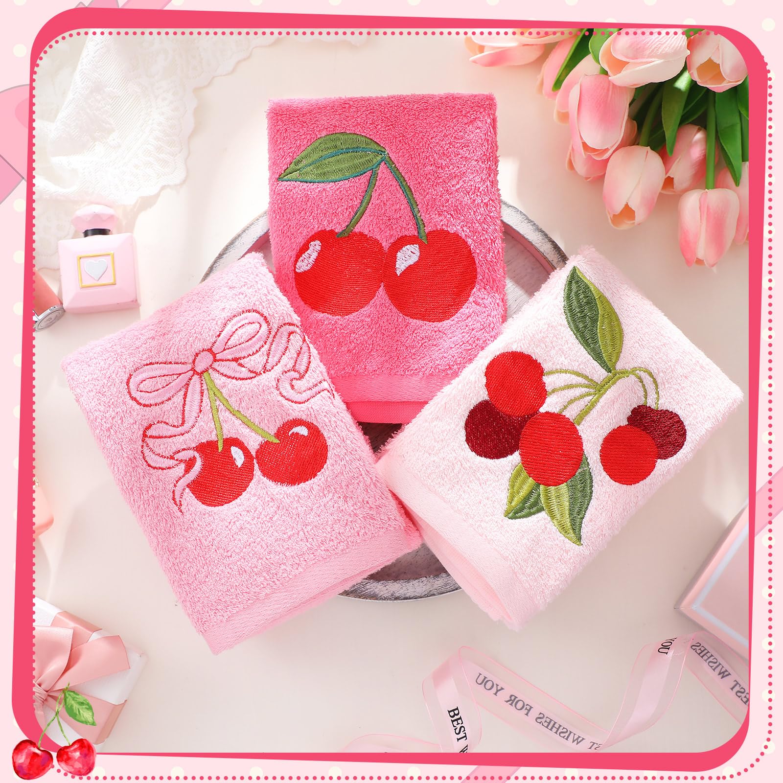 Tingjoo 3 Pcs Cherry Hand Towels 14x29 Inch Spring Summer Pink Preppy Bow Cherries Bathroom Decor Cotton Embroidered Soft Absorbent Towels for Bathroom Kitchen