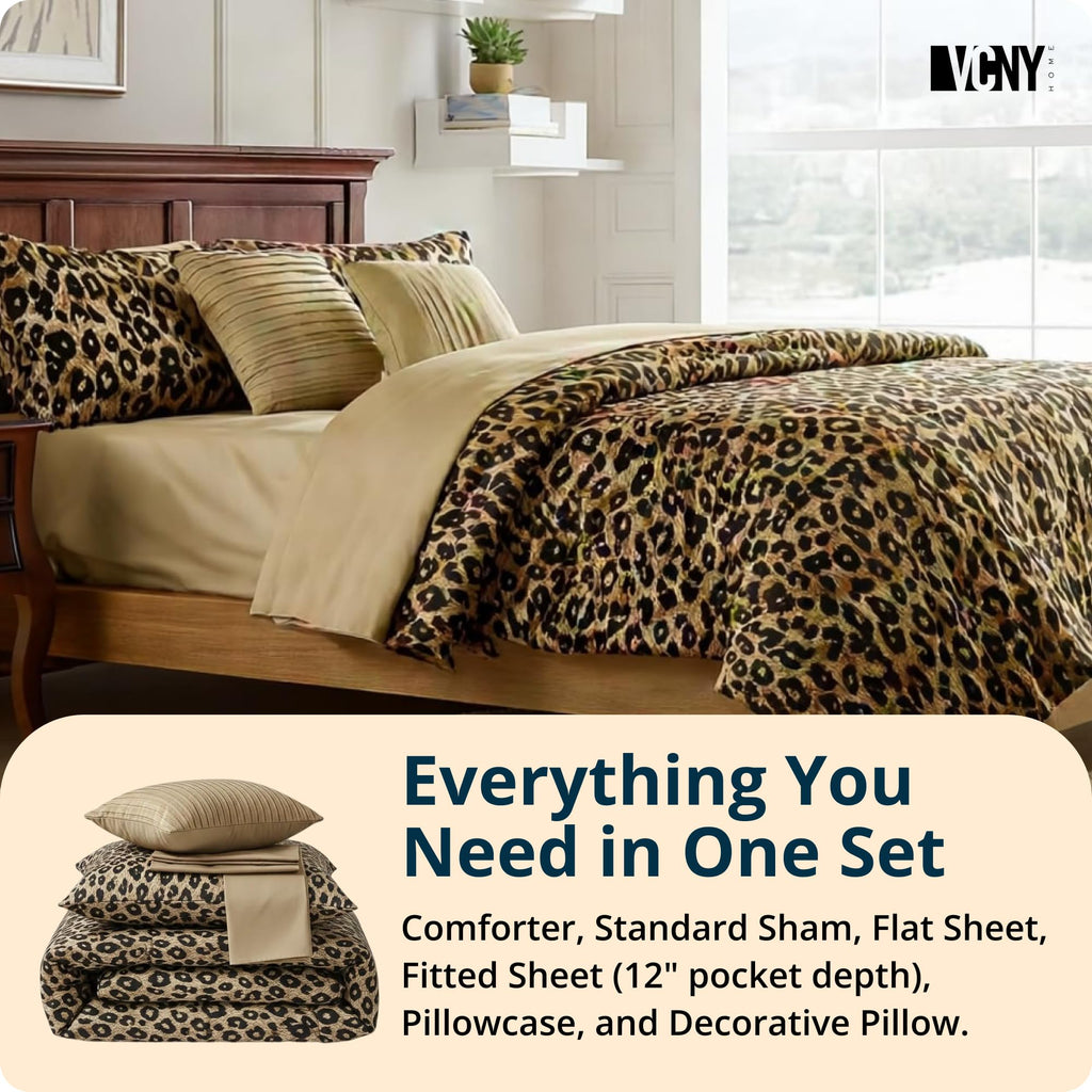 VCNY Home Bed in a Bag 8-Piece Bedding Set - Queen Size | Cheetah Print Shams, Decorative Pillows & Pillowcases | Elevate Your Home Decor | Luxurious, Soft & Cozy | No-Wrinkle Microfiber Polyester