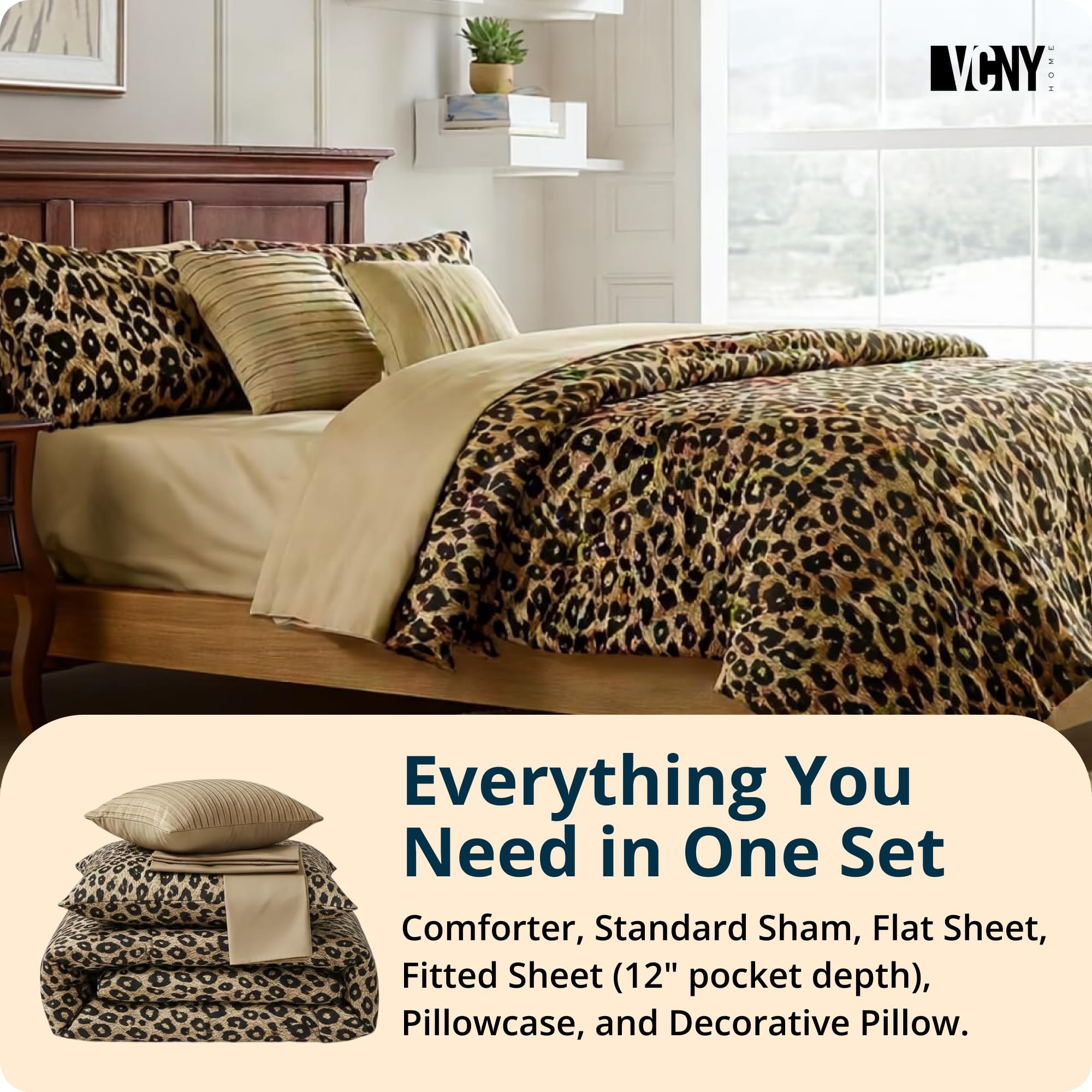 VCNY Home Bed in a Bag 8-Piece Bedding Set - Queen Size | Cheetah Print Shams, Decorative Pillows & Pillowcases | Elevate Your Home Decor | Luxurious, Soft & Cozy | No-Wrinkle Microfiber Polyester