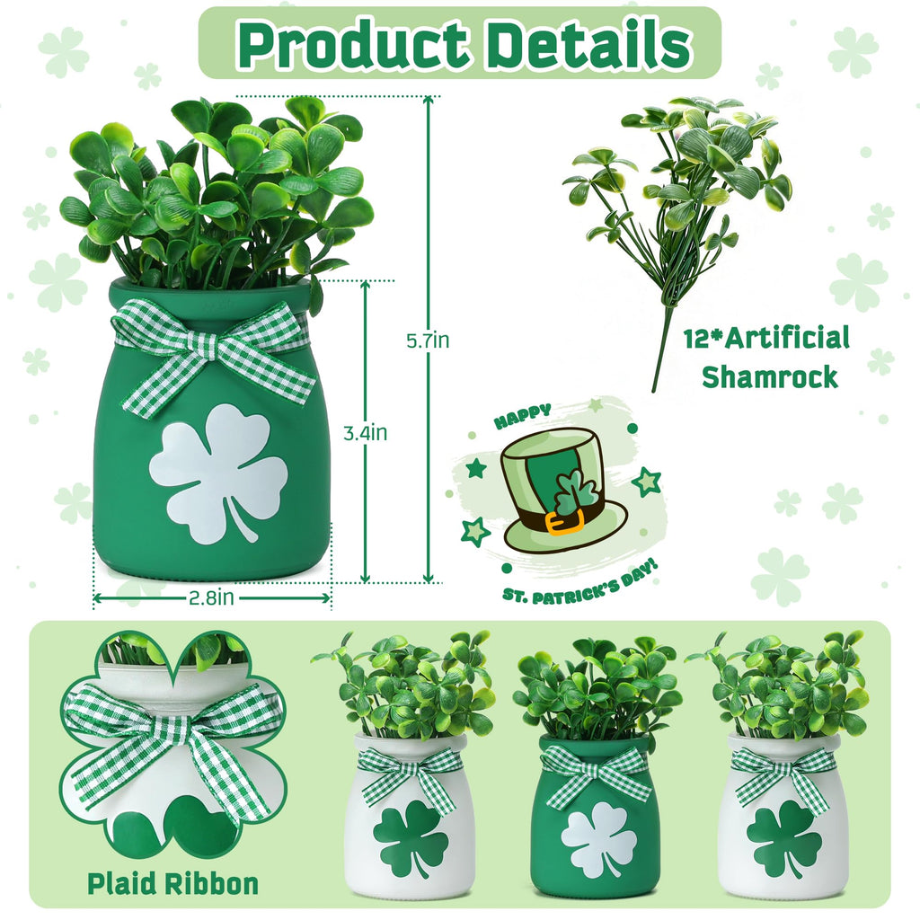 St Patricks Day Tiered Tray Decorations - 4 PCS Mini Mason Jars with Artificial Shamrock, Decorative Jars Centerpieces for Home Table Mantel St Patricks Party Supplies, Green Spring Decor