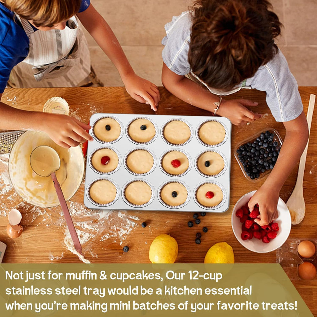 TeamFar 12-Cup Muffin Pan - Stainless Steel Cupcake Baking Tin | Non-Toxic & Dishwasher Safe