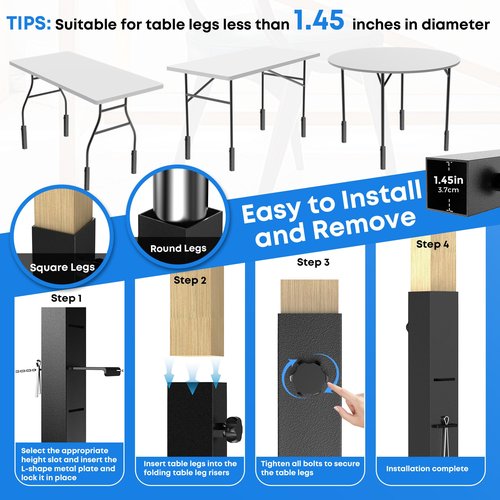 4 Pack Folding Table Leg Extenders, Highly Durable Steel Folding Table Leg Risers, Folding Desk Legs Extensions for Straight｜Bent Legs,3 Levels Adjustable Height Tables Extender Rise 2.3in｜4.3in｜6.3in