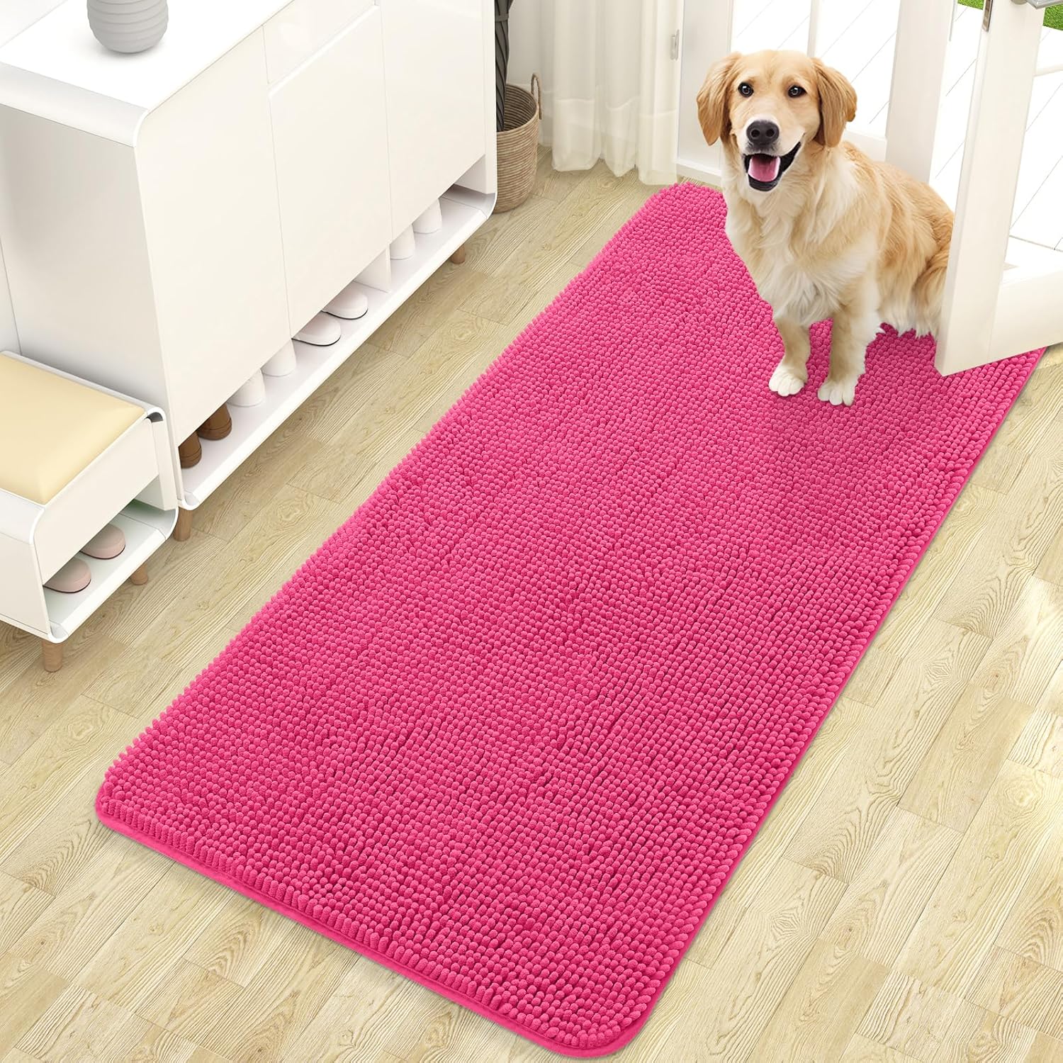 OLANLY Dog Door Mat - Absorbent Non-Slip Washable Doormat for Muddy Paws | 47x24 Hot Pink