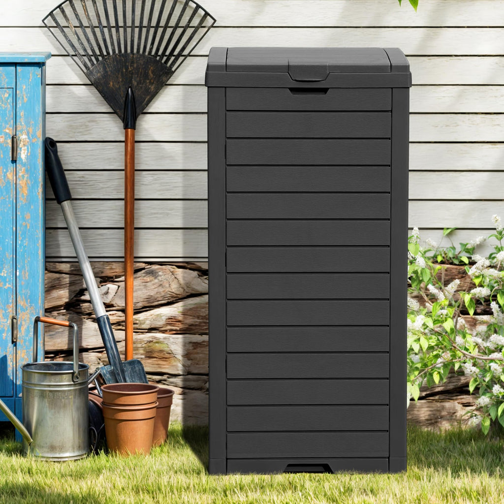 DWVO 38 Gallon Large Outdoor Trash Can, Waterproof Resin Hideaway Garbage Bin with Lid and Drip Tray, Outside Trash Bin for Porch, Backyard, Deck, Patio, Poolside, Easy to Clean, Black