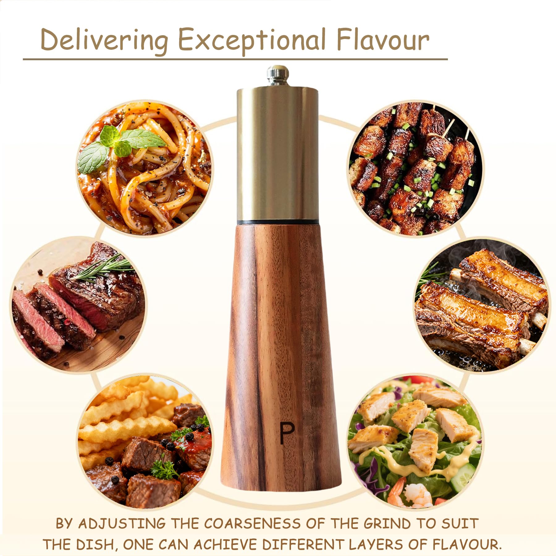 Salt and Pepper Grinder Set Gold Manual Pepper Grinder with Wooden Base, Adjustable Coarseness Refillable Ceramic Blade Grinding Enjoy Fresh Ground Pepper Salts with Spices, 2pcs-7in(7IN-Golden Wood)