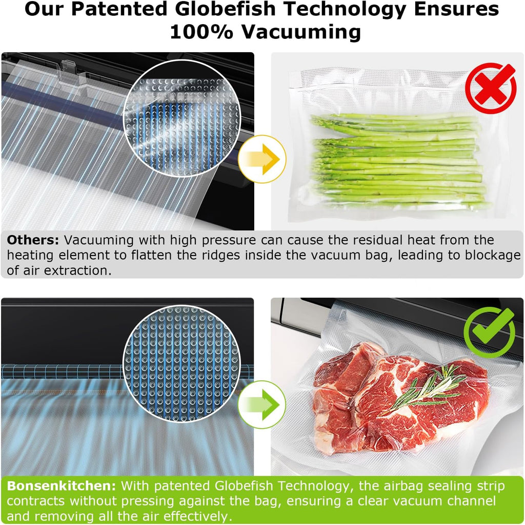 Bonsenkitchen Vacuum Sealer Machine - Powerful Low-Noise Design with Built-In Cutter & Bag Storage | Includes 1 Bag Roll & 10 Bags