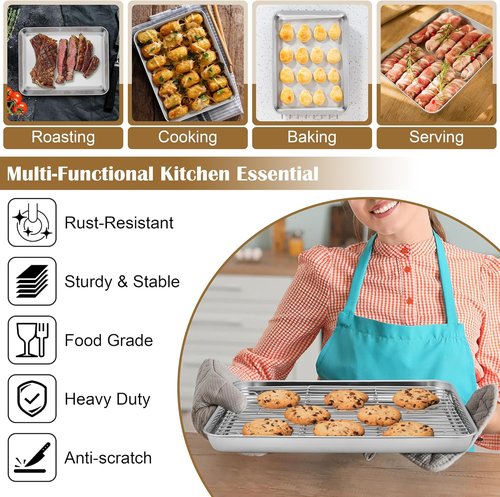 E-far Baking Sheet Set - Stainless Steel Cookie Sheets with Cooling Racks | Non-Toxic & Heavy Duty, 12.4 x 9.7 x 1 Inch