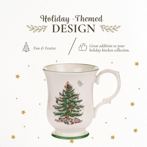 Spode Christmas Tree Footed Mug - 12 Oz Festive Mug for Coffee, Hot Cocoa, Lattes - Romantic Shape with Santa Design, Porcelain Mug - Dishwasher, Microwave, & Freezer Safe, Gift-Boxed (Set of 4)