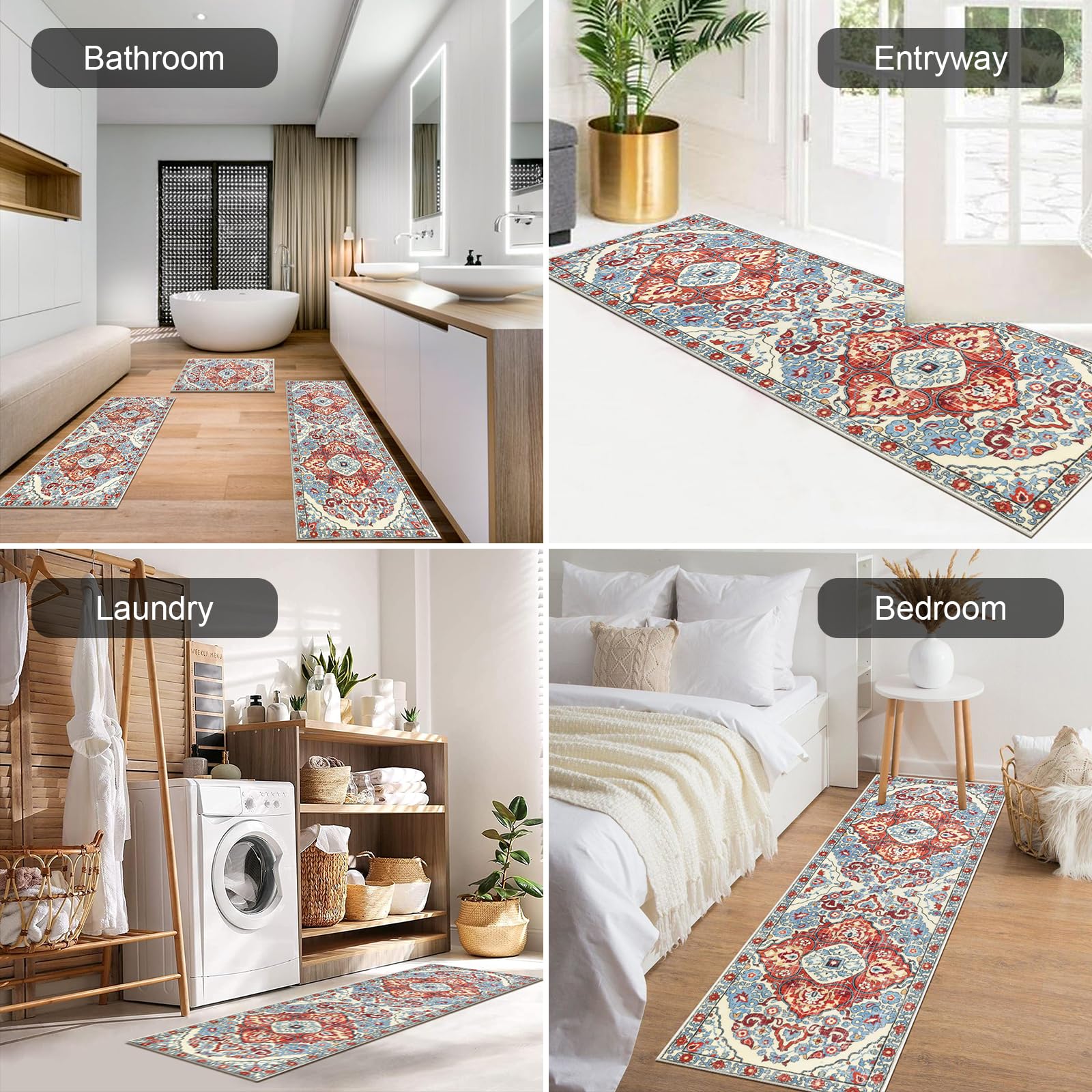 HEBE Farmhouse Kitchen Rugs Sets of 3 Non Slip Washable Boho Kitchen Rugs and Mats for Floor Kitchen Runner Rug Floor Carpet for Kitchen, Laundry, Hallways