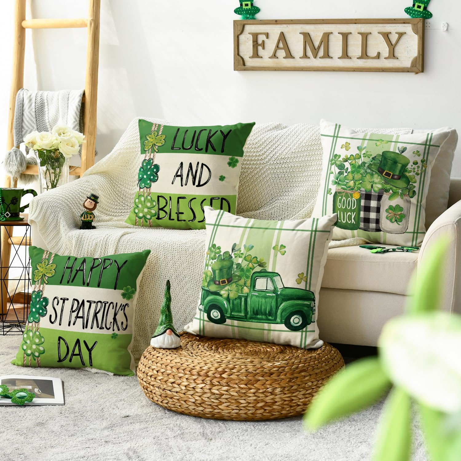 AVOIN colorlife Happy St Patricks Day Clovers Vases Throw Pillow Covers, 18 x 18 Inch Lucky and Blessed Shamrock Truck Decoration for Sofa Couch Set of 4