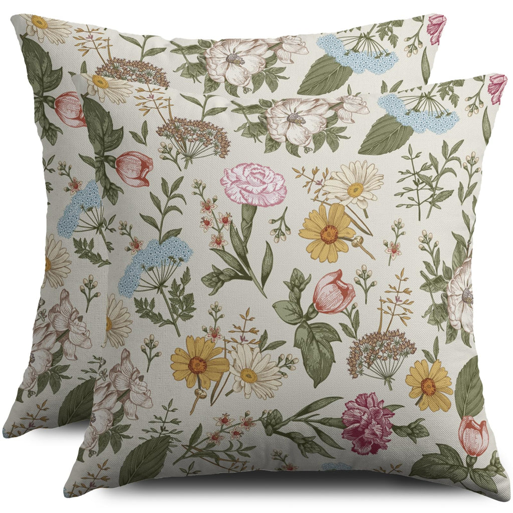 Spring Floral Pillow Covers 18X18 Set of 2, Botanical Print Green Flower Plant Pattern Decorative Throw Pillowcases Outdoor Farmhouse Seasonal Cushion Cases Couch Sofa Bed Decor