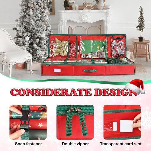Gift Wrap Organizer by [Brand Name] - Sturdy 600D Oxford Fabric Storage Bag for Christmas Wrapping Paper | Large Capacity Red