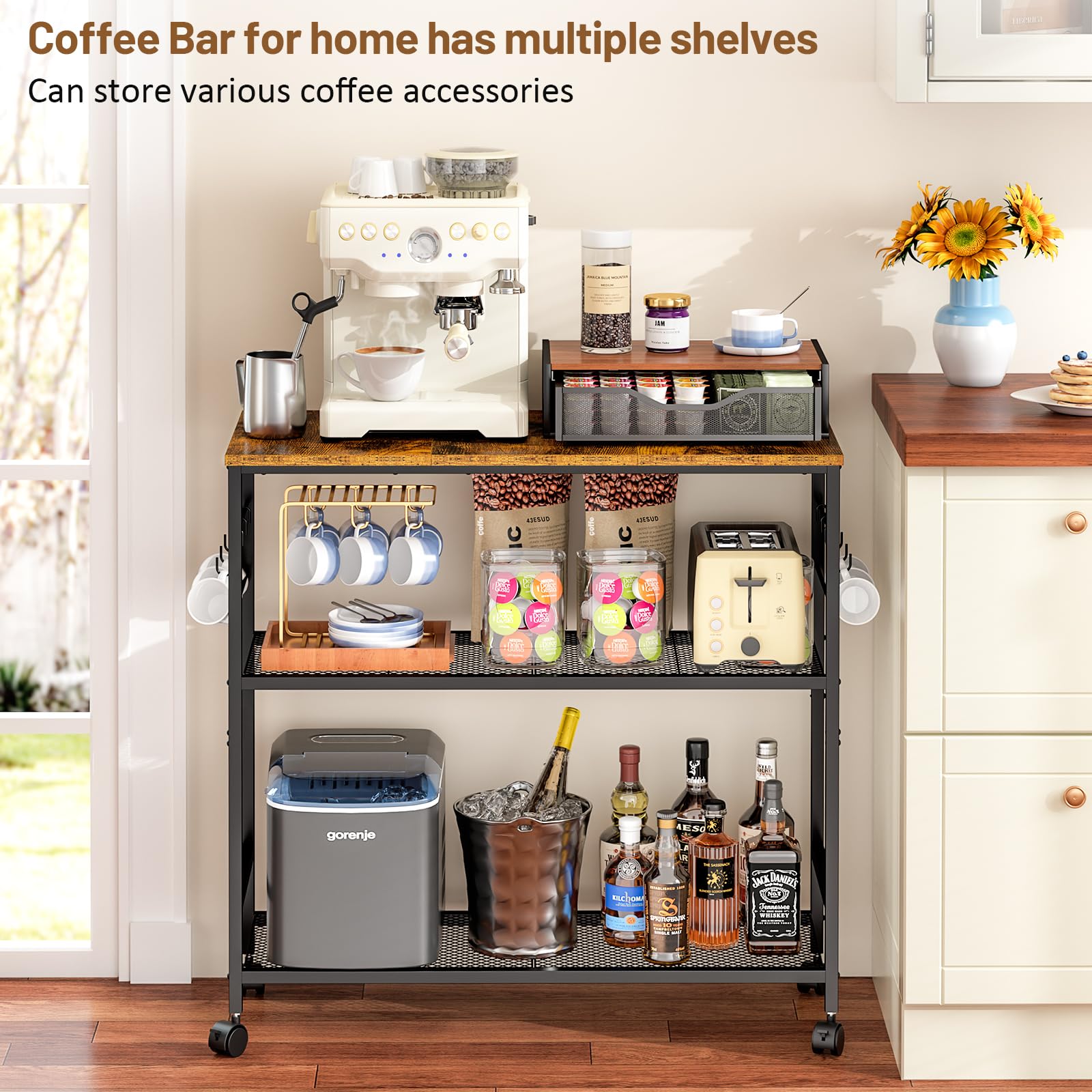 3 Tier Rolling Kitchen Microwave Cart, 33 Inch Microwave Table Stand with Adjustable Shelf, Kitchen Storage Island Utility Cart on Lockable Wheels, Bakers Rack Coffee Bar for Living Room, Office