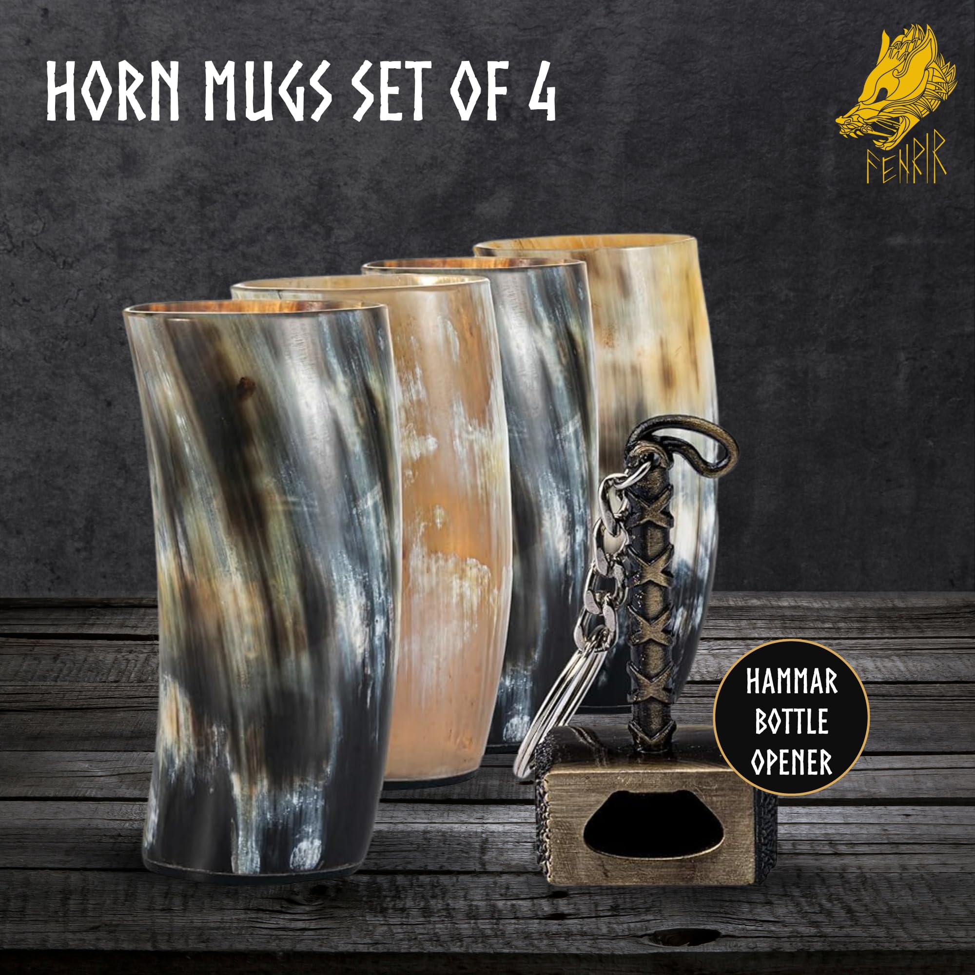 FENRIR Viking Drinking Horn Mug Set of 4 – Gifts for Men, Dad, Husband – Unique Viking Gift – Natural Ox Horn Cup with Opener – For Beer, Ale, Mead (12-13 Oz/Glass)