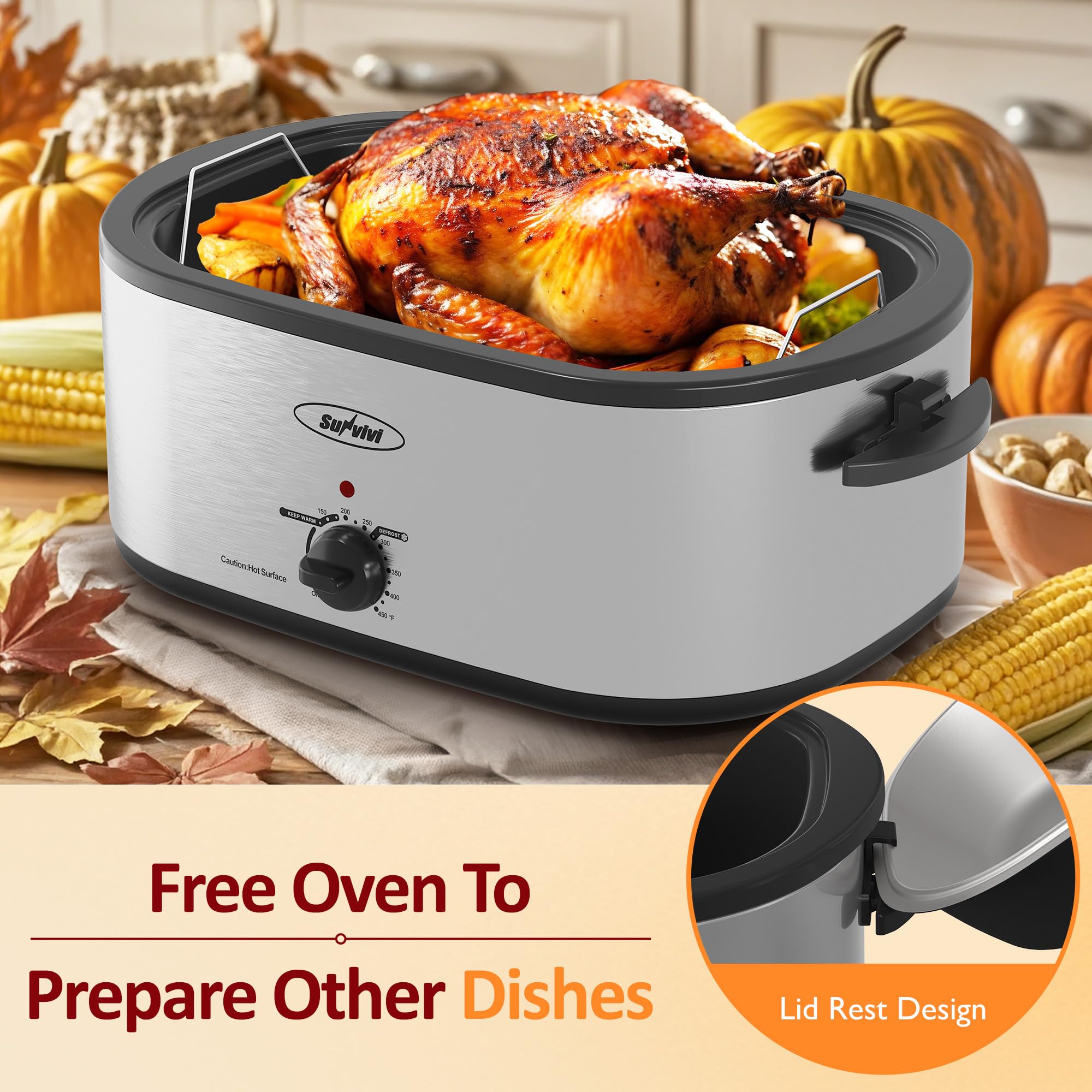 Sunvivi Roaster Oven, 24 Quart Electric Roaster Oven with Glass Lid, Turkey Roaster Buffet with Self-Basting Lid, Removable Pan, Cool-Touch Handles, Dark Blue