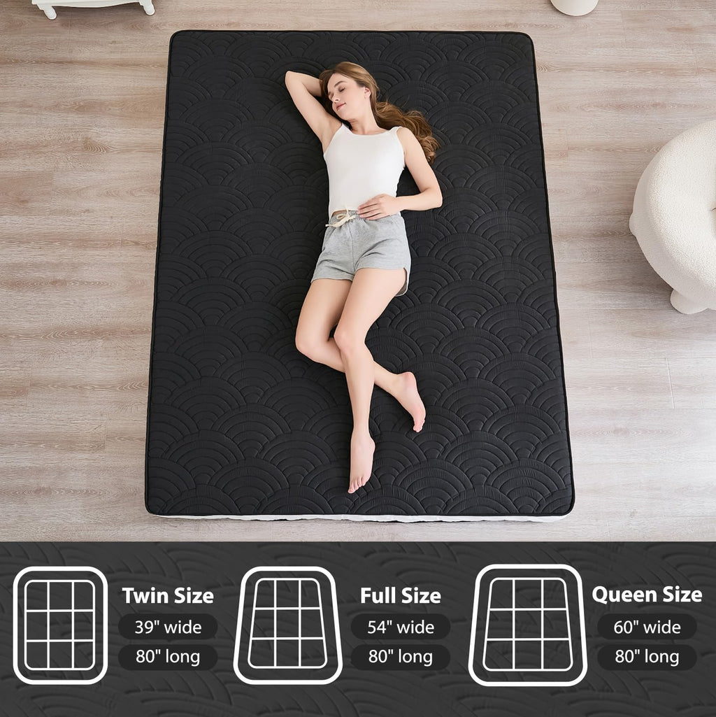 Zelladorra Japanese Floor Mattress, Quilted Futon Mattress with Anti-Slip Bottom, Foldable Floor Bed with Storage Bag and Straps, (Black, Full)