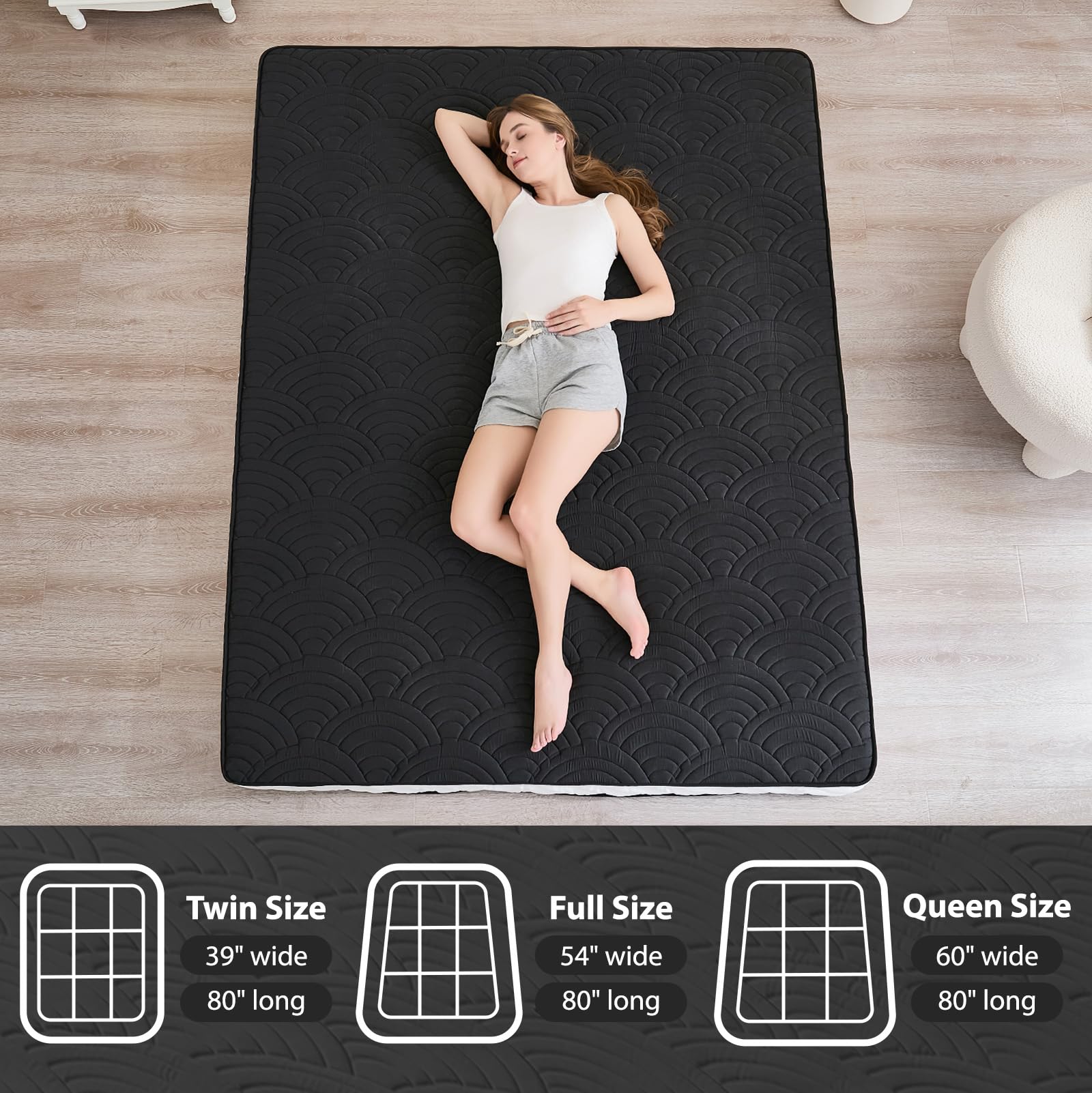 Zelladorra Japanese Floor Mattress, Quilted Futon Mattress with Anti-Slip Bottom, Foldable Floor Bed with Storage Bag and Straps, (Black, Full)
