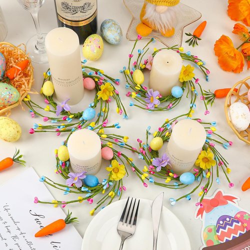 Jansun Easter Candle Rings - 4 Pcs Mini Wreaths with Pink & Blue Eggs | Perfect for Table Centerpieces