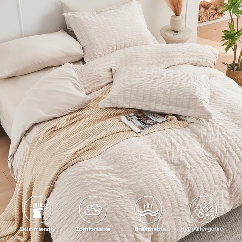 HYMOKEGE Comforter Set - Luxury Beige Seersucker 7-Piece Bedding Set | All-Season Bed in a Bag
