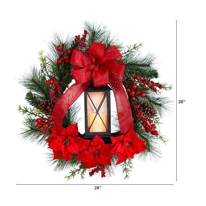 Nearly Natural 28in Poinsettia & Berry Holiday Lantern Wreath with LED Candle