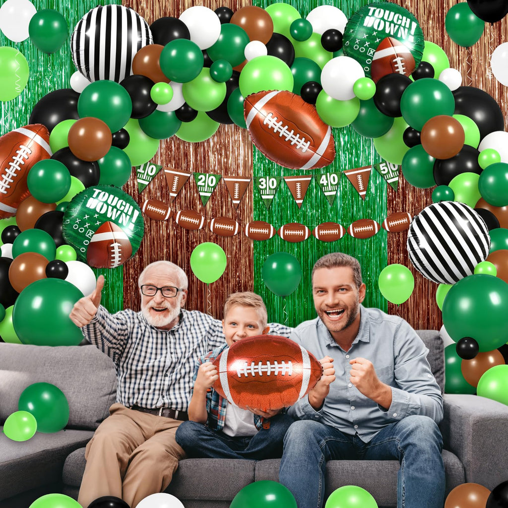 130 PCS Football Balloon Garland Arch Kit - Sage Green & Coffee Brown Balloons with Football Foil Balloon Foil Fringe Curtains for Touch Down Rugby Sport Theme Party Decorations