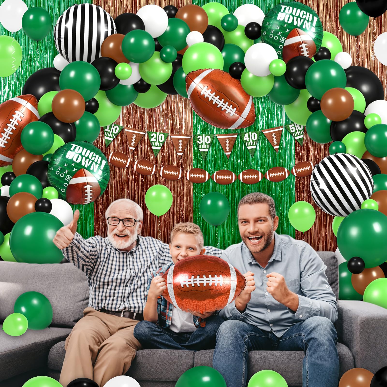 130 PCS Football Balloon Garland Arch Kit - Sage Green & Coffee Brown Balloons with Football Foil Balloon Foil Fringe Curtains for Touch Down Rugby Sport Theme Party Decorations