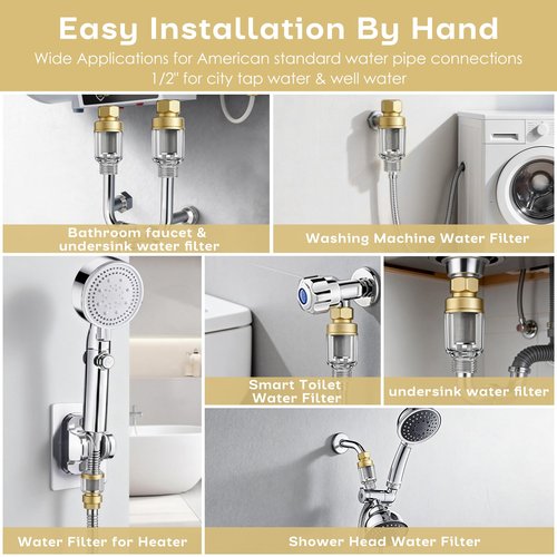 Loscarol Brass Sediment Filter, Reusable Washing Machine Water Filter, 50 Micron, Anti Scale, Anti Clothes Yellow, Traps Rust/Mud/Sand, Mini, Portable-2Pack