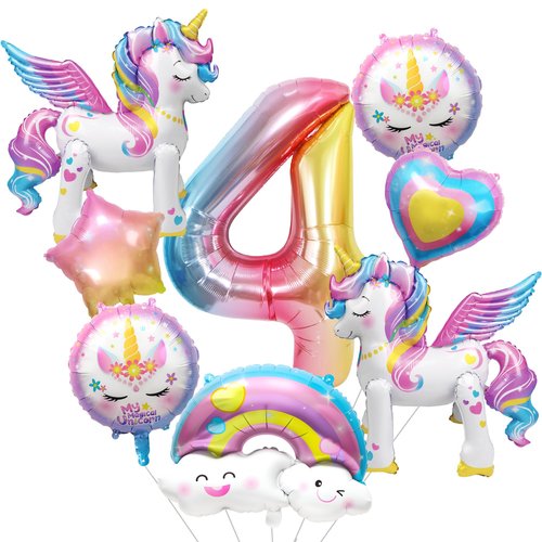 8Pcs Unicorn 4th Birthday Party Decorations for Girls,26Inch Large Unicorn Balloons Self Standing,18Inch Purple Pink Star Heart Rainbow Foil Balloon for Birthday Wedding Baby Shower Supplies(Number 4)