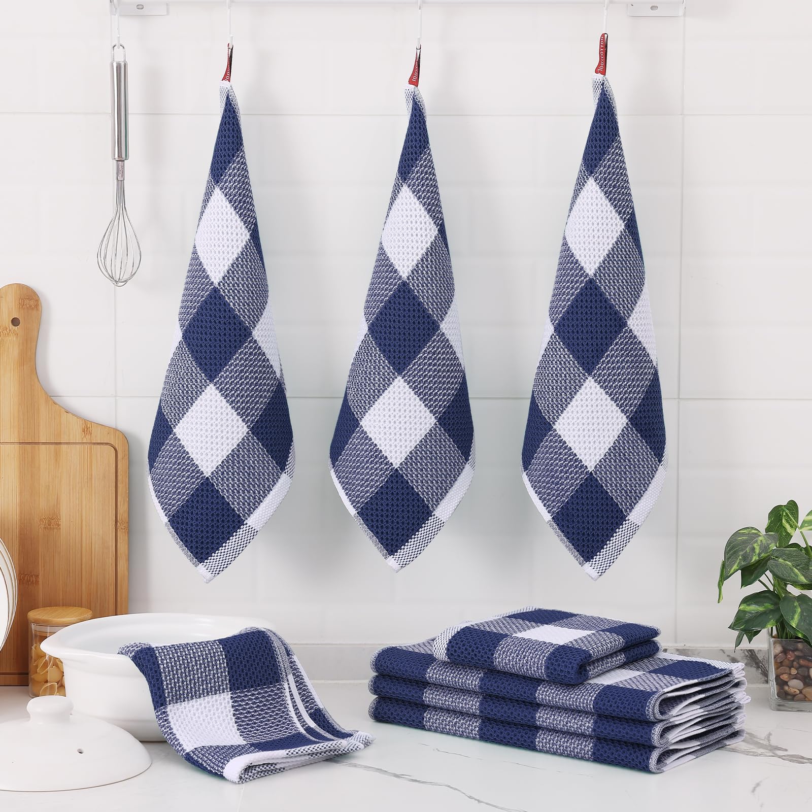 Homaxy Kitchen Towels and Dishcloths Set, 12 x 12 and 13 x 28 Inches, Set of 8 100% Cotton Waffle Weave Check Plaid Kitchen Dish Towels, Super Soft and Absorbent Dish Cloths, White & Navy Blue