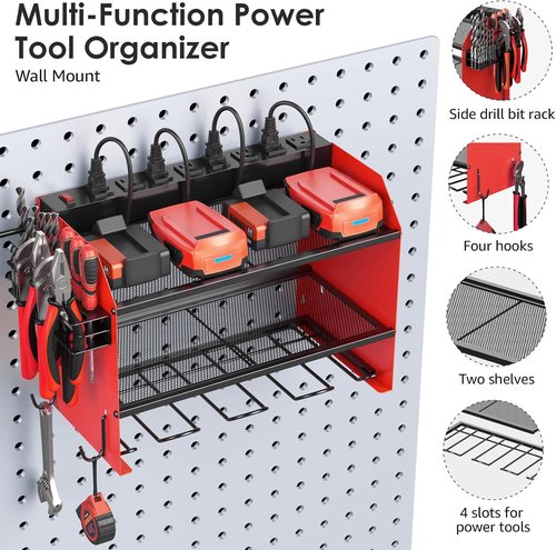CCCEI Modular Power Tool Organizer - Wall Mount Charging Station & Heavy-Duty Storage Shelf | Red, 2 Pack
