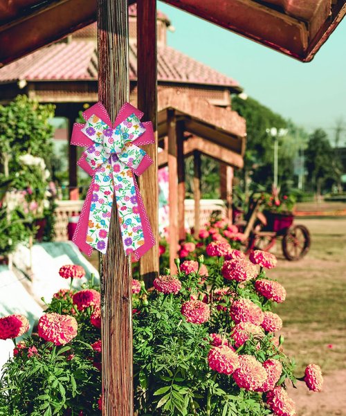 ABTOLS Large Spring Bows - Pink Dot Wreath Bows for Front Door | Colorful Floral Burlap Decor