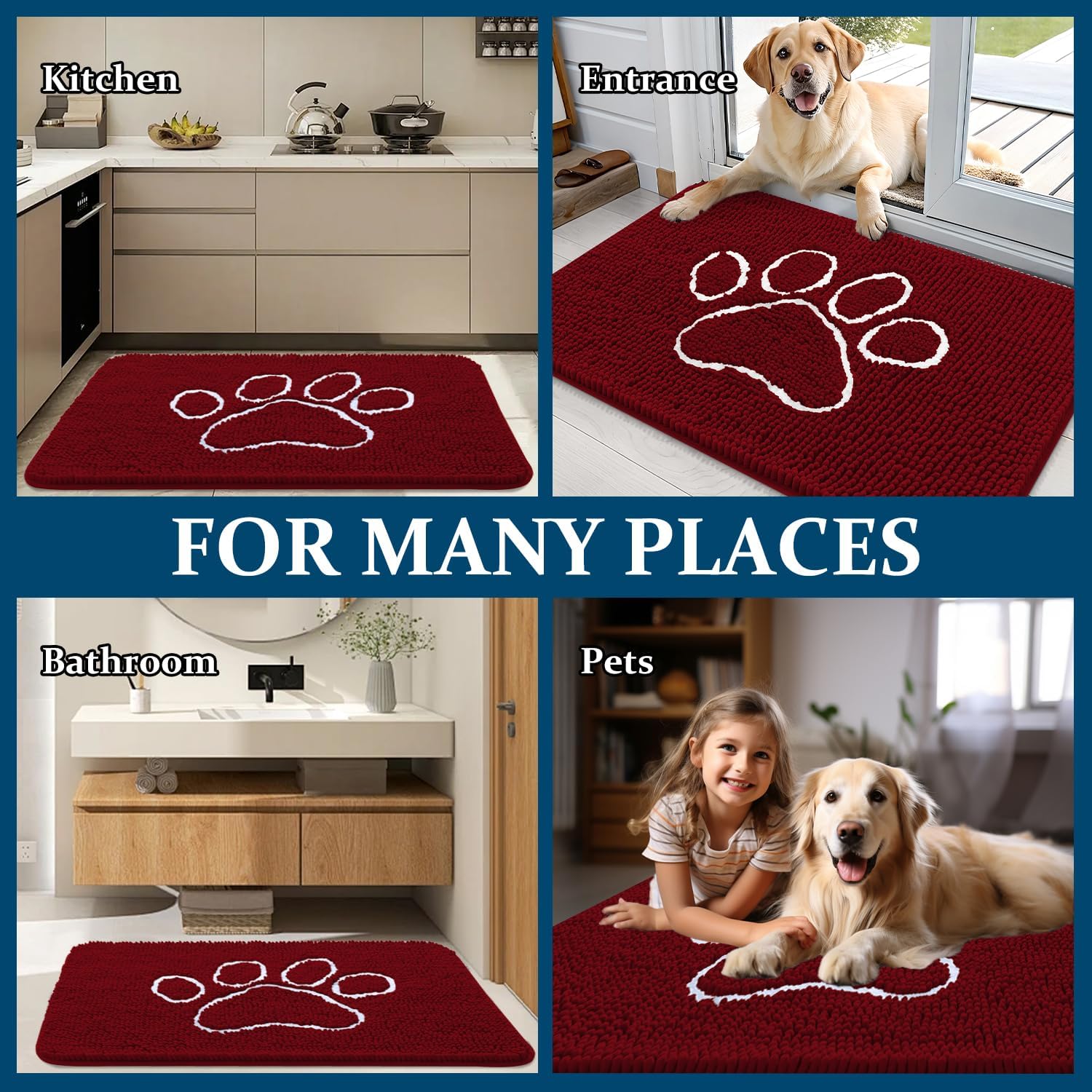 OLANLY Dog Door Mat - Absorbent Non-Slip Mud Mat for Paws | 24x16 Red Chenille Design