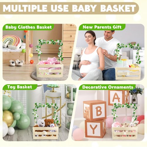 Amgkonp Wooden Baby Shower Crate Closet with Hanger Rack,Baby Baskets,Baby Shower Baskets with Handles & Garland for Newborn Boys Girls,Pregnancy Gifts for New Parents