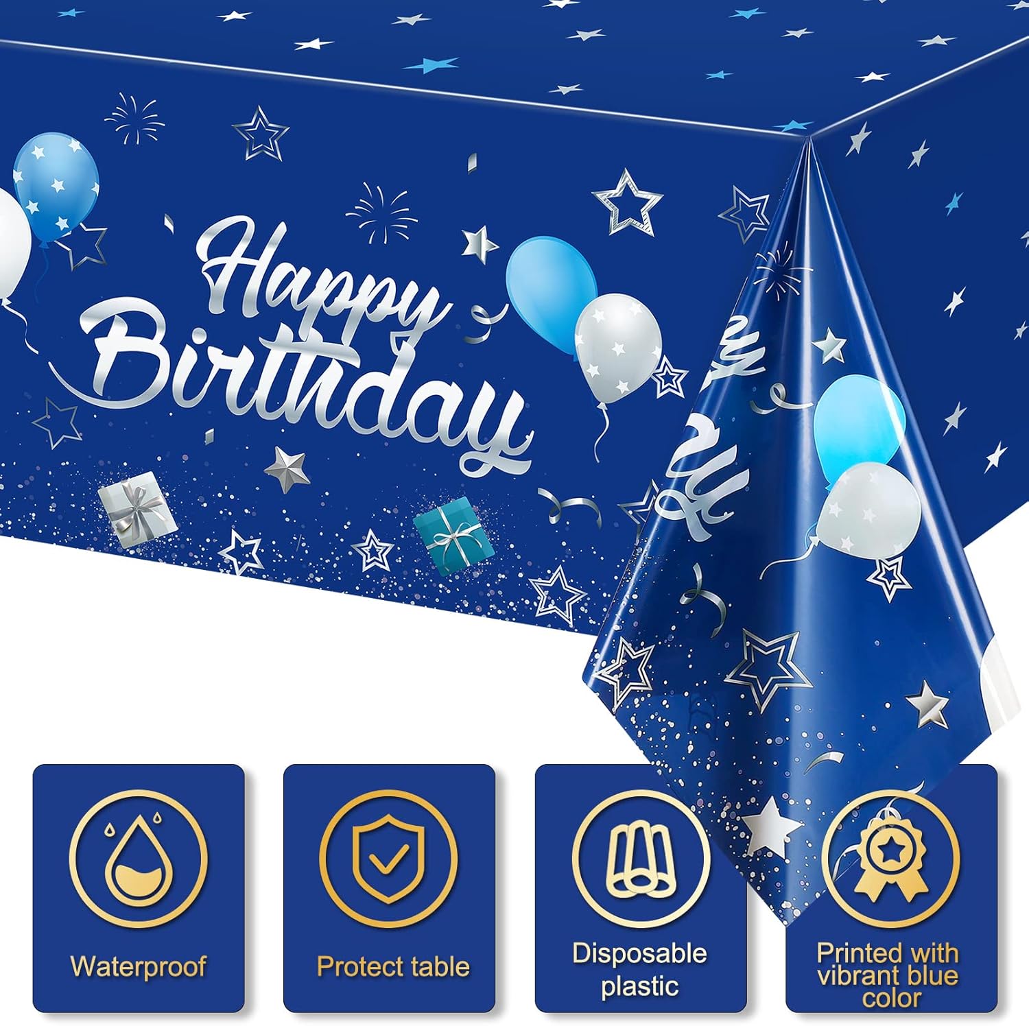 Tegeme Navy Blue Tablecloths - Starry Confetti Design for Kids' Birthday Parties | 3-Pack