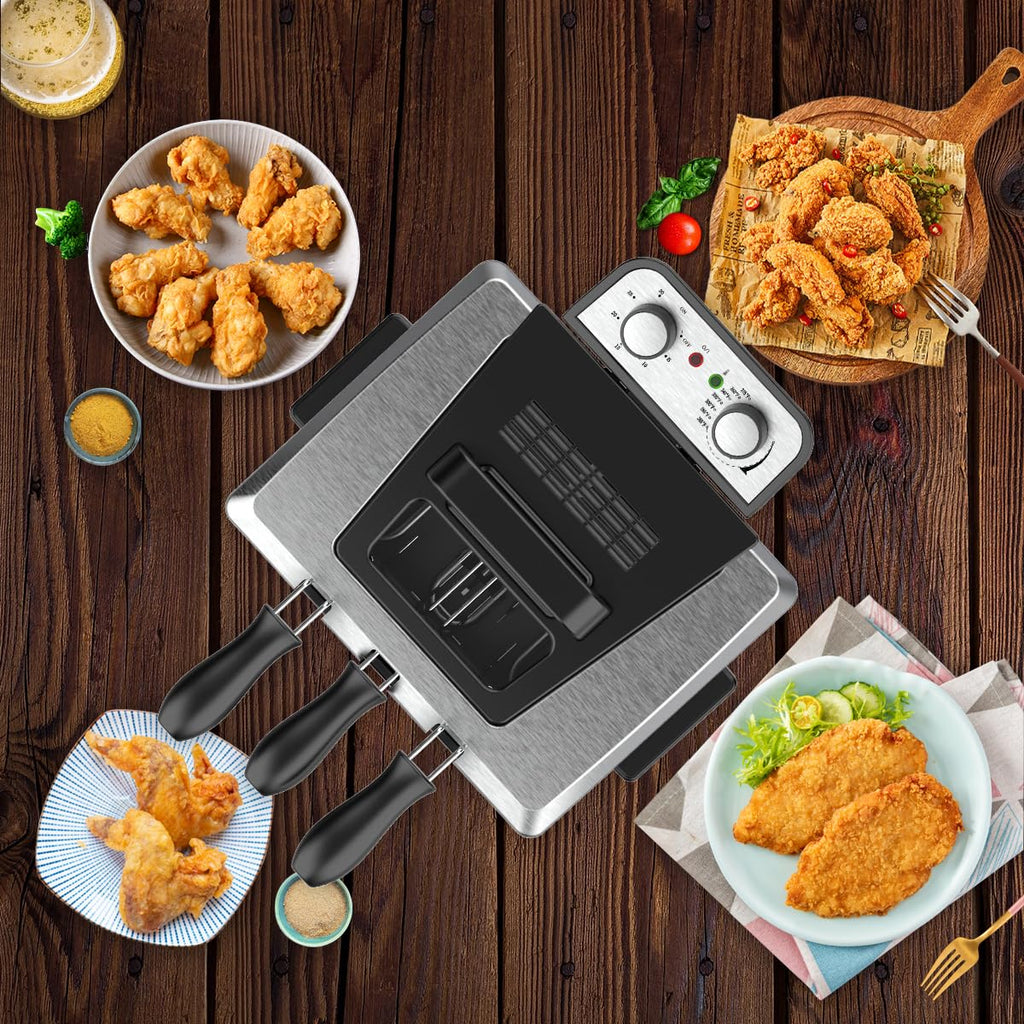 1750W Electric Deep Fryer with Basket,5L /21 Cups Stainless Steel Electric Oil Fryer with 3 Frying Baskets, Adjustable Temperature,View Window Lid,Countertop Stainless Steel Body Deep Fryer Pot