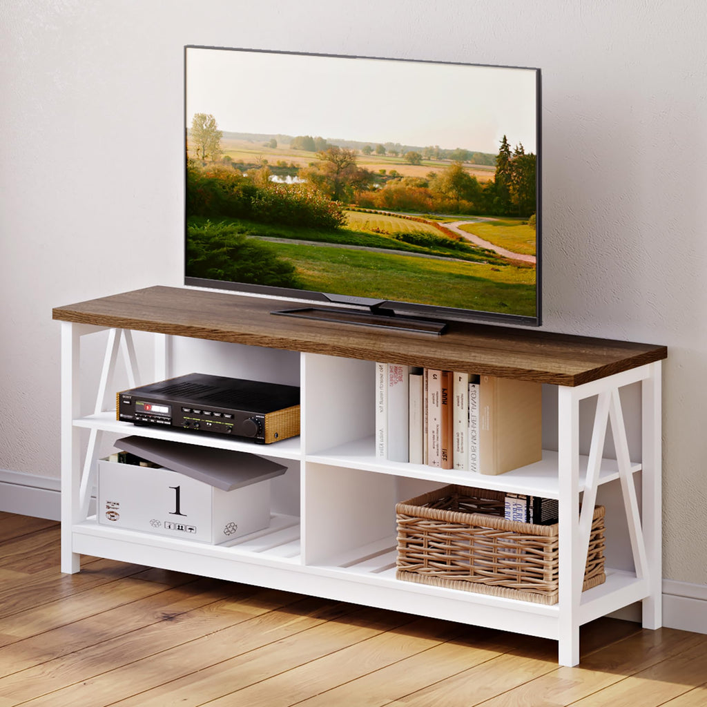 ChooChoo Farmhouse TV Stand for TVs up to 60 Inch, Modern Entertainment Center with 4 Open Shelves & Built-in Cable Holes, Media TV Console for Living Room, Bedroom, White