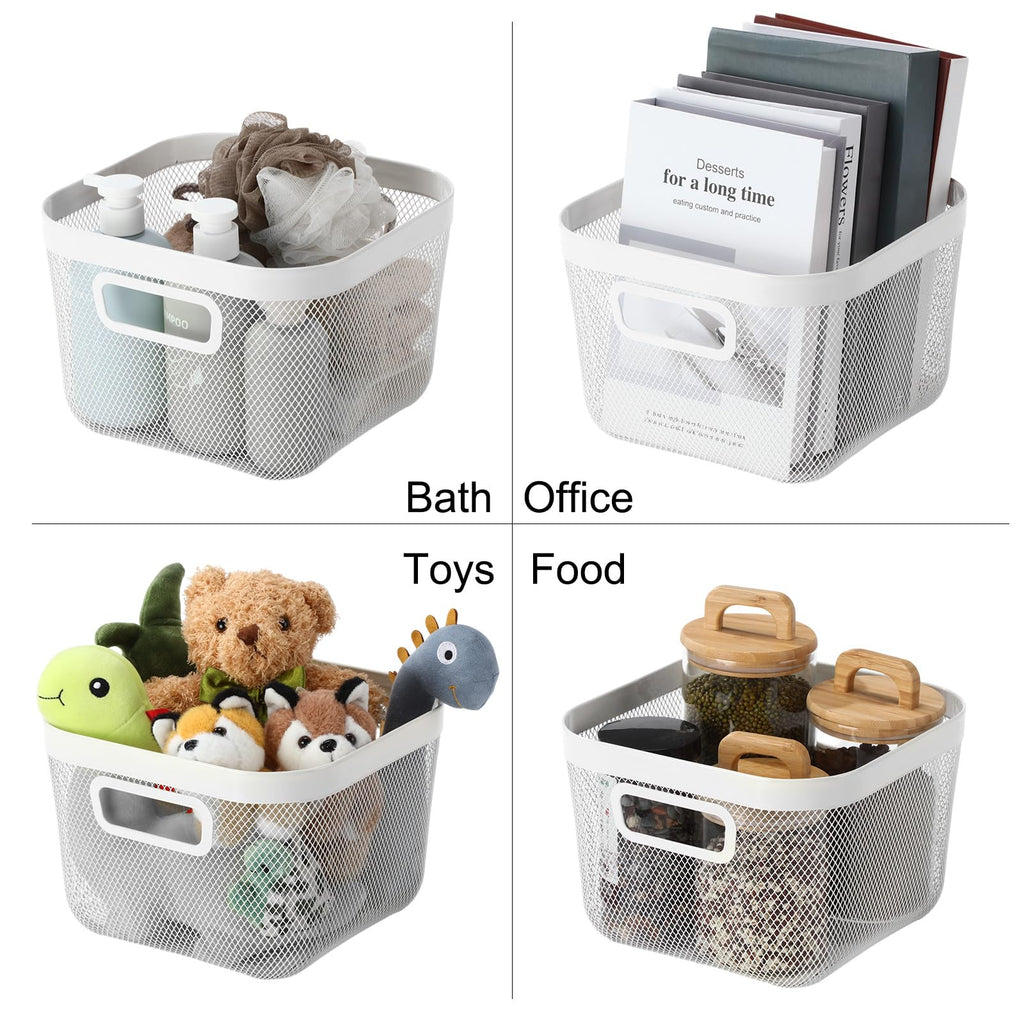 MorningRo 4 Pack Metal Mesh Basket with Hollow Handles White Wire Storage Bin for Organizing Stackable Metal Fine Mesh Basket for Pantry Bathroom Kitchen Cabinets Shelves (Medium)